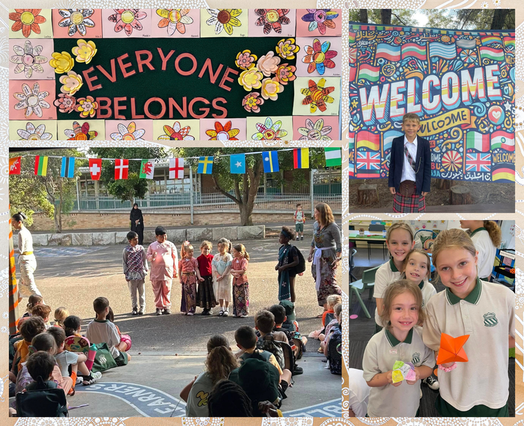 This collage captures Gosford East Public School’s commitment to being a welcoming, inclusive community. Colourful artwork and banners display messages like “Everyone Belongs” and “Welcome,” surrounded by international flags that highlight cultural diversity. Students are pictured participating in activities that celebrate different backgrounds, gathering in groups for assemblies or lessons and holding origami creations, demonstrating the school’s values of acceptance, respect, and global citizenship.