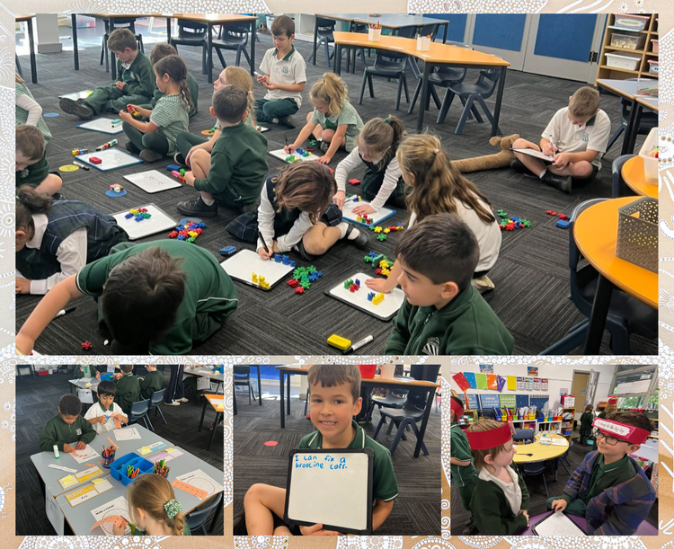 This collage depicts students at Gosford East Public School participating in tailored learning support activities. Children are seated on the classroom floor and at tables, working with educational resources such as building blocks, whiteboards, and literacy materials. The images show small group and individual learning, focused writing exercises, and classroom discussions, all designed to meet different learning needs and encourage every child’s success in a nurturing environment.