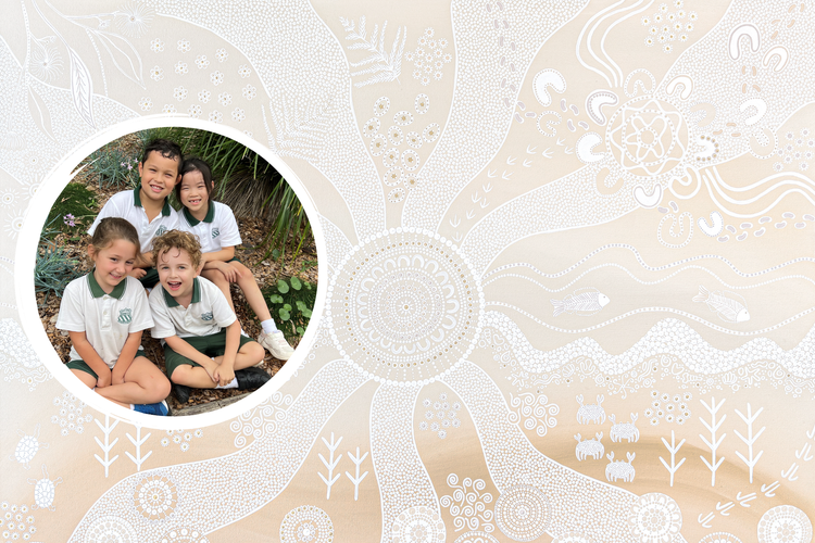 A group of 4 children in a circle on a background of Aboriginal artwork