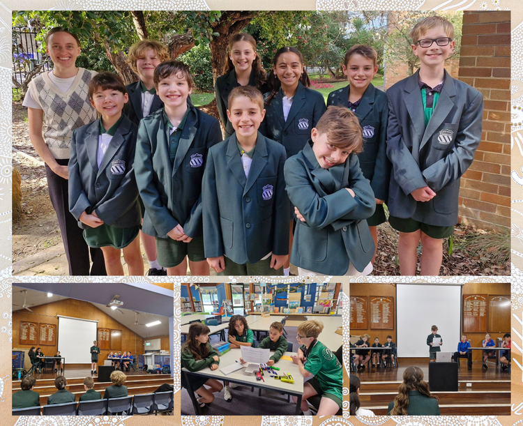 A group of students wearing green school blazers stand outside alongside their teacher, representing Gosford East Public School. Other scenes show students participating in academic and leadership activities inside a school hall and classroom, including presenting speeches, collaborating at tables, and sitting together during assemblies. These images highlight student leadership, teamwork, and academic engagement through presentations and group discussions.