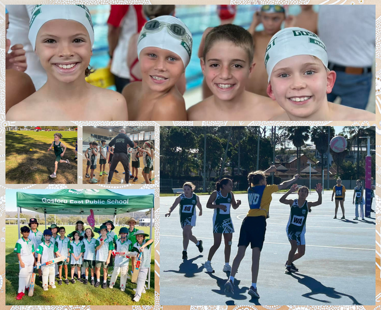 This image is a collage showcasing various sports and physical activities at Gosford East Public School. The top section features several students wearing white swimming caps and goggles, suggesting a swimming event or team gathering at a pool. The left lower corner displays a student running across a grassy field, possibly during a cross-country event. Beside this, students in green and white sports uniforms circle around a coach or teacher inside a gymnasium, participating in a group huddle. The bottom center shows a large group of students in cricket uniforms with bats standing under a green tent that reads