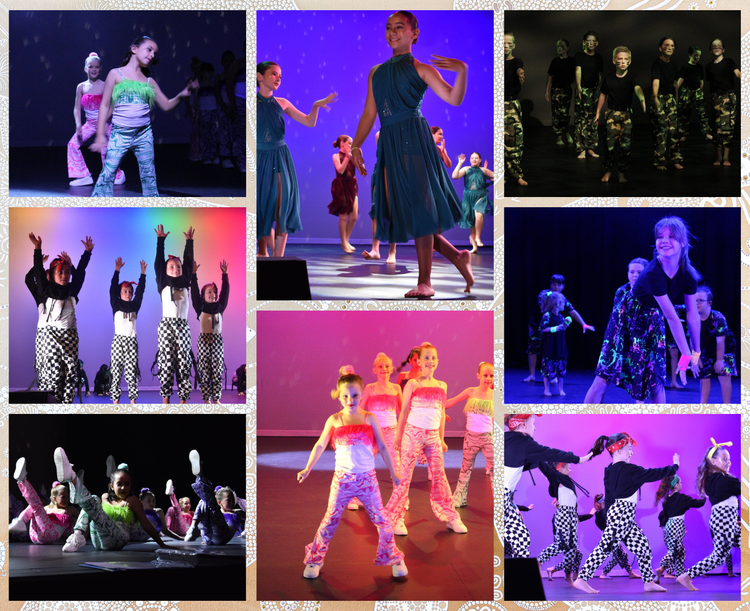 Students perform on stage in vibrant costumes under colourful lighting, involved in various dance routines. The collage captures solo, small group, and ensemble performances with expressive movements and a range of styles, including contemporary and hip hop. Their energetic poses and coordinated outfits showcase creative expression and the school’s lively arts program.