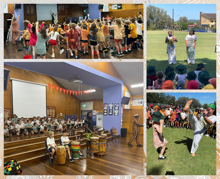 This collage highlights students participating in multicultural arts and physical activities. A large group of children engage in energetic dance sessions led by an instructor in the school hall, while other photos show students learning drumming rhythms with traditional instruments. Outdoor images capture martial arts demonstrations where children watch and try new movements, and students gather in colourful hats and uniforms, showcasing excitement and active involvement in cultural and performance-based learning.